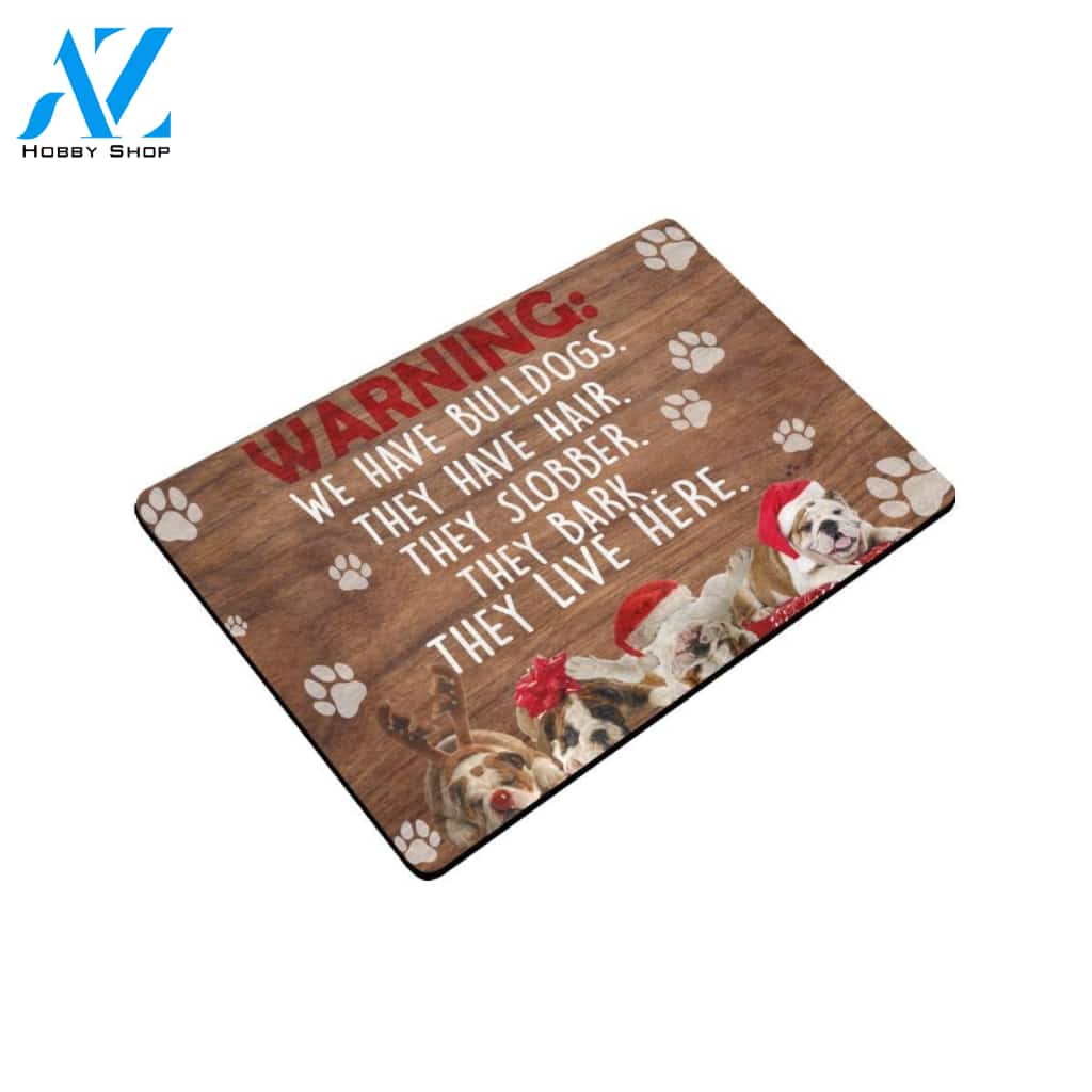 Warning The Bulldogs Live Here Doormat Indoor And Outdoor Mat Entrance Rug Sweet Home Decor Housewarming Gift Gift For Friend Family Stem Feminist