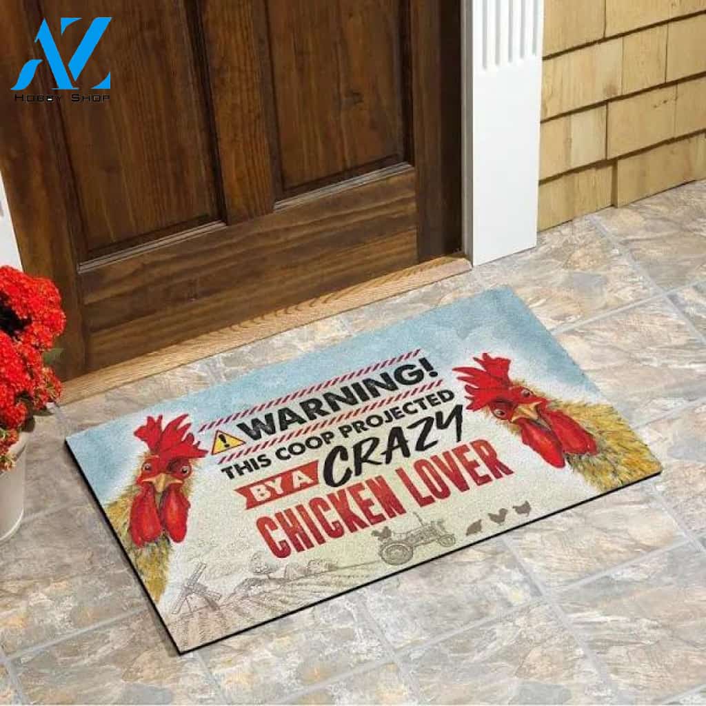 Warning! This Coop Projected By A Crazy Chicken Lover Doormat Welcome Mat Housewarming Gift Home Decor Farmhouse Funny Doormat Gift For Chicken Lovers