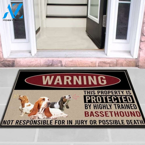Warning This Property Is Protected By Highly Trained Bassethound Doormat Indoor And Outdoor Mat Entrance Rug Sweet Home Decor Housewarming Gift Gift For Friend Family Stem Feminist