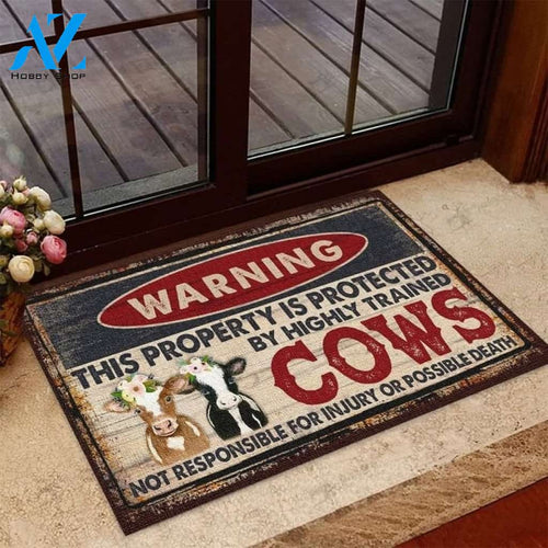 Warning This Property Is Protected By Highly Trained Cows Indoor And Outdoor Doormat Warm House Gift Welcome Mat Birthday Gift