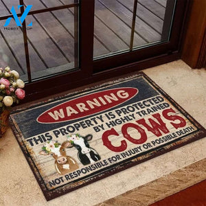 Warning This Property Is Protected By Highly Trained Cows Indoor And Outdoor Doormat Warm House Gift Welcome Mat Birthday Gift