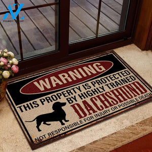 Warning - This Property Is Protected By Highly Trained Dachshund Doormat | Welcome Mat | House Warming Gift