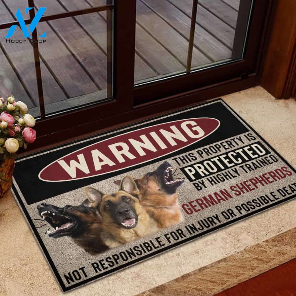 Warning This Property Is Protected By Highly Trained German Shepherds Indoor And Outdoor Doormat Warm House Gift Welcome Mat Birthday Gift