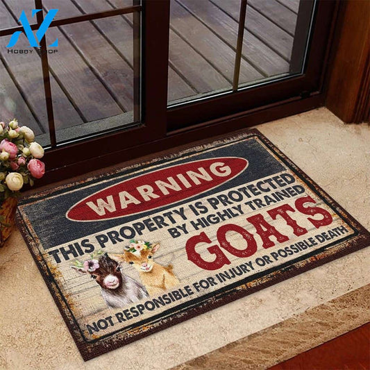 Warning This Property Is Protected By Highly Trained Goats Indoor And Outdoor Doormat Warm House Gift Welcome Mat Birthday Gift