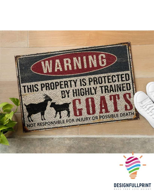 Warning This Property Is Protected By Highly Trained Goats Welcome Non-Slip Rubber Backing Doormat NHD