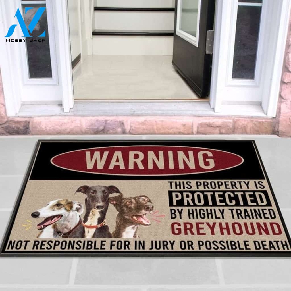 Warning This Property Is Protected By Highly Trained Greyhound Doormat Indoor And Outdoor Mat Entrance Rug Sweet Home Decor Housewarming Gift Gift For Friend Family Stem Feminist