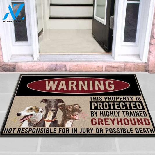 Warning This Property Is Protected By Highly Trained Greyhound Doormat Indoor And Outdoor Mat Entrance Rug Sweet Home Decor Housewarming Gift Gift For Friend Family Stem Feminist