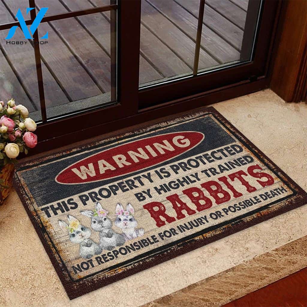 Warning This Property Is Protected By Highly Trained Rabbits 2 Indoor And Outdoor Doormat Warm House Gift Welcome Mat Gift For Friend Birthday Gift