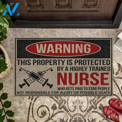 Warning This Property Is Protected By Nurse Funny Indoor And Outdoor Doormat Warm House Gift Welcome Mat Gift For Nurse