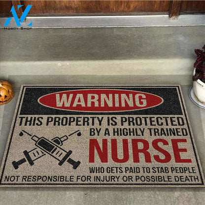 Warning This Property Is Protected By Nurse Funny Indoor And Outdoor Doormat Warm House Gift Welcome Mat Gift For Nurse