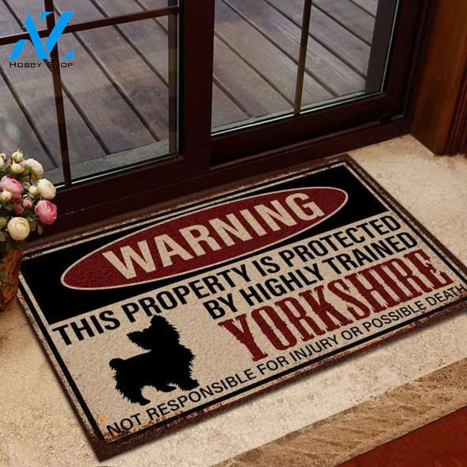 Warning This Property Is Protected By Yorkshire Funny Indoor And Outdoor Doormat Warm House Gift Welcome Mat Birthday Gift For Dog Lovers