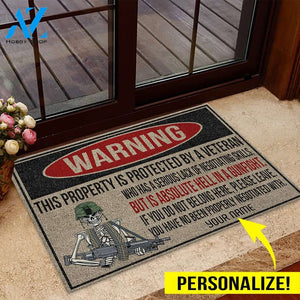 Warning - Veteran Personalized Coir Pattern Print Doormat