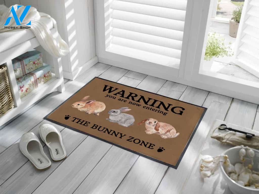 Warning You Are Now Entering The Bunny Zone Doormat - Rabbit Lover Gift Indoor and Outdoor Doormat Warm House Gift Welcome Mat Gift for Friend Family