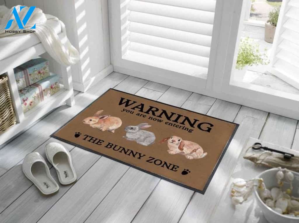 Warning You Are Now Entering The Bunny Zone Doormat - Rabbit Lover Gift Indoor and Outdoor Doormat Warm House Gift Welcome Mat Gift for Friend Family