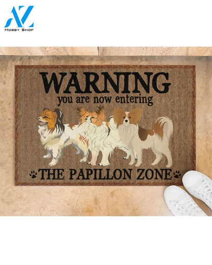 Warning - You Are Now Enterring Papillon Door Indoor And Outdoor Doormat Warm House Homefarm Decor Gift Welcome Mat Gift For Papillon Dog Lover