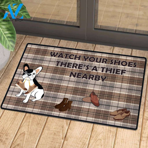 Watch Out Your Shoes Mat BnW French Bulldog | Welcome Mat | House Warming Gift