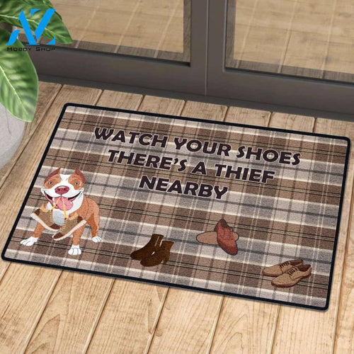 Watch Out Your Shoes Mat Brown Pitbull | Welcome Mat | House Warming Gift