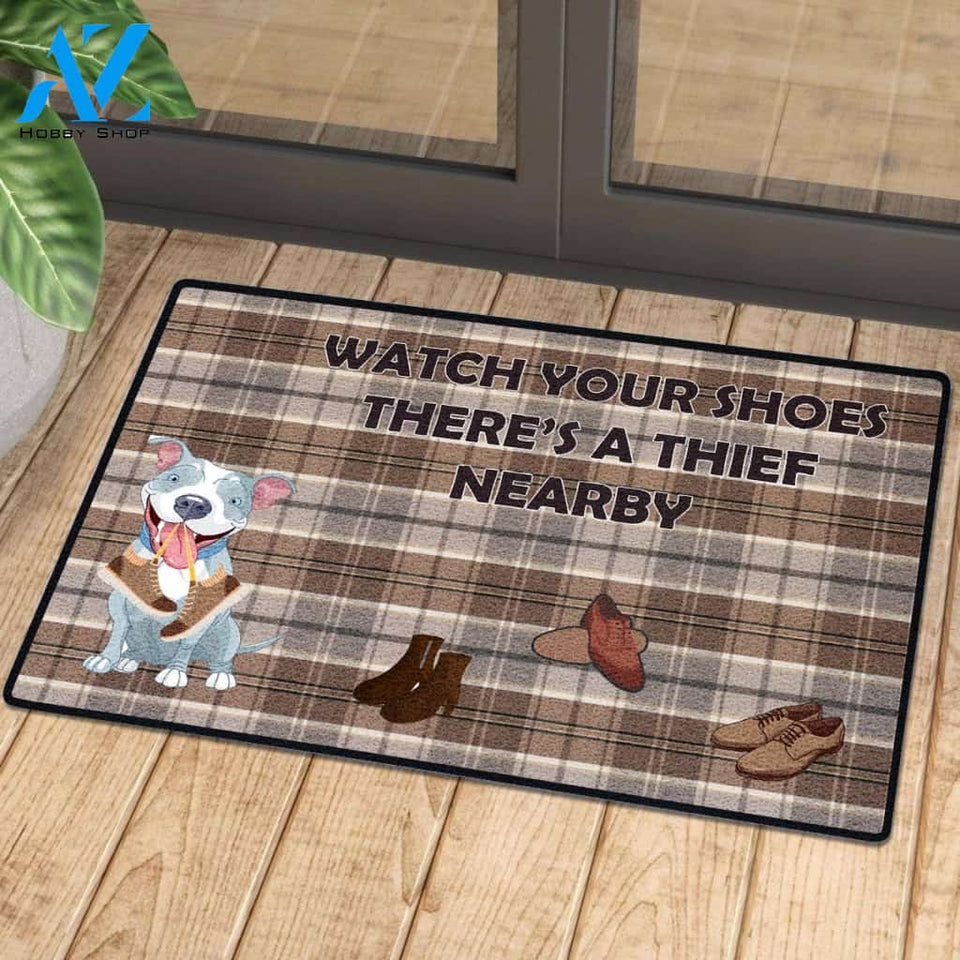 Watch Out Your Shoes Mat Grey Pitbull | Welcome Mat | House Warming Gift