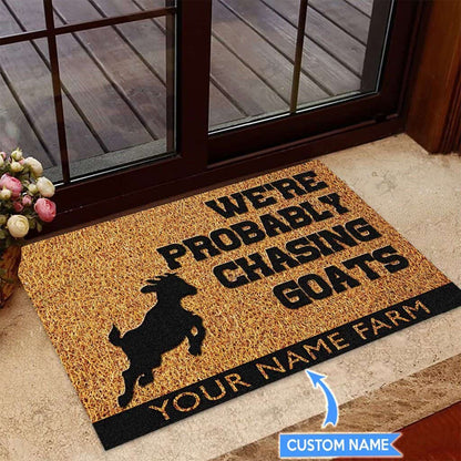 We Are Probably Chasing Goats Personalized Custom Name Doormat Welcome Mat