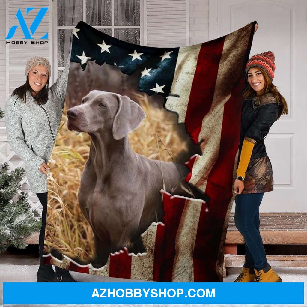 Weimaraner Premium Blanket Behind The Flag Fleece Blanket