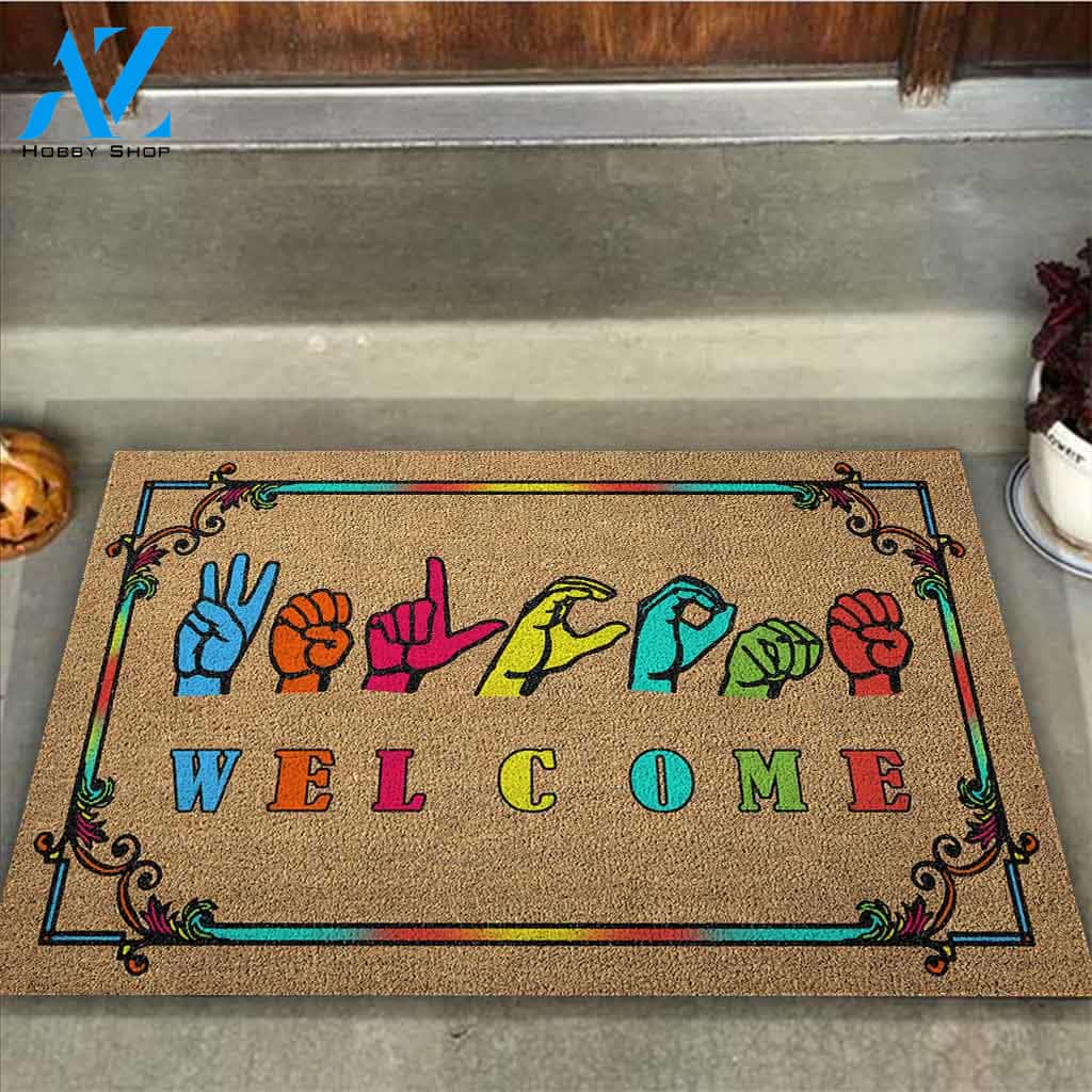 Welcome American Sign Language Indoor And Outdoor Doormat Warm House Gift Welcome Mat Birthday Gift For Friend Family