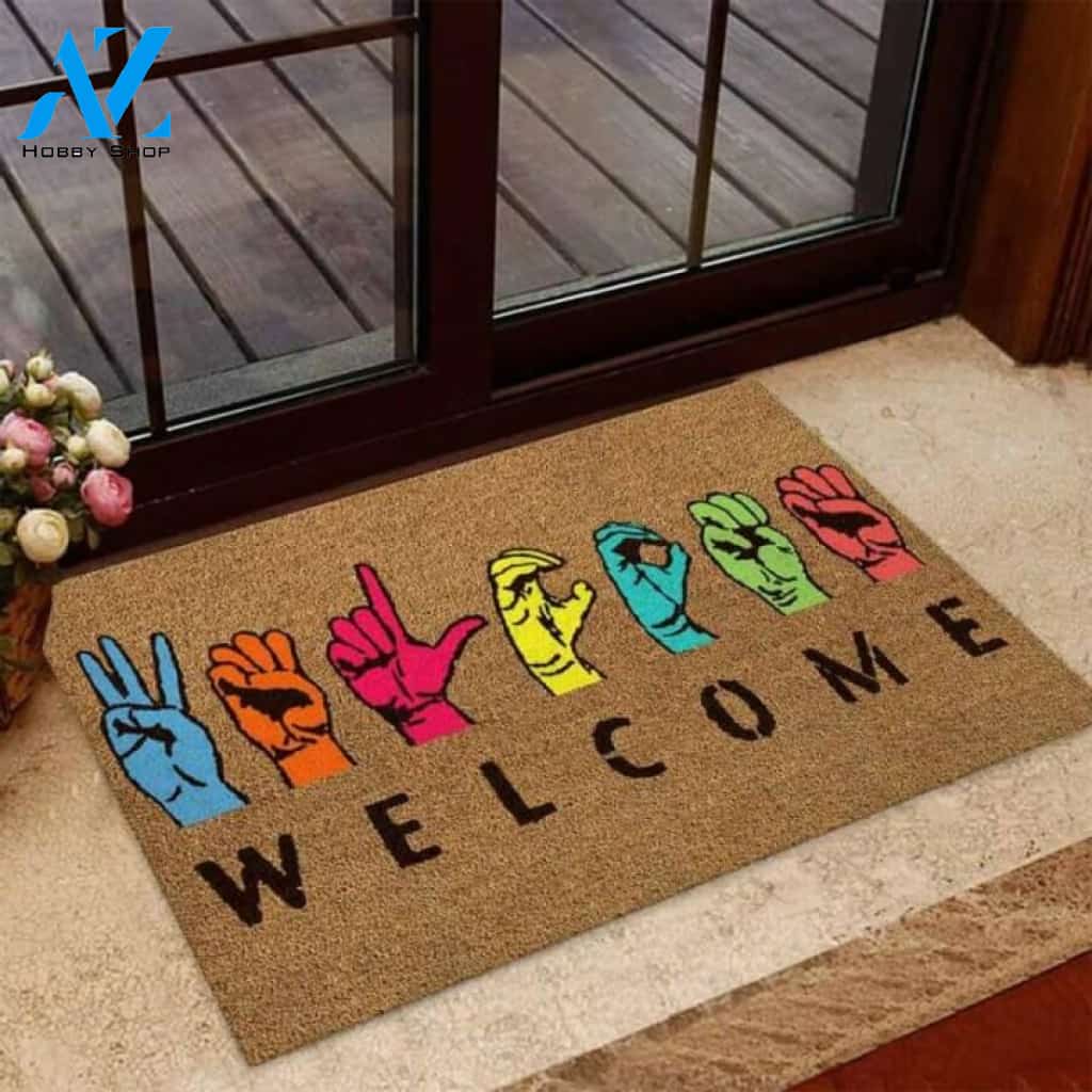 Welcome American Sign Language Coir Pattern Print Doormat | Welcome Mat | House Warming Gift