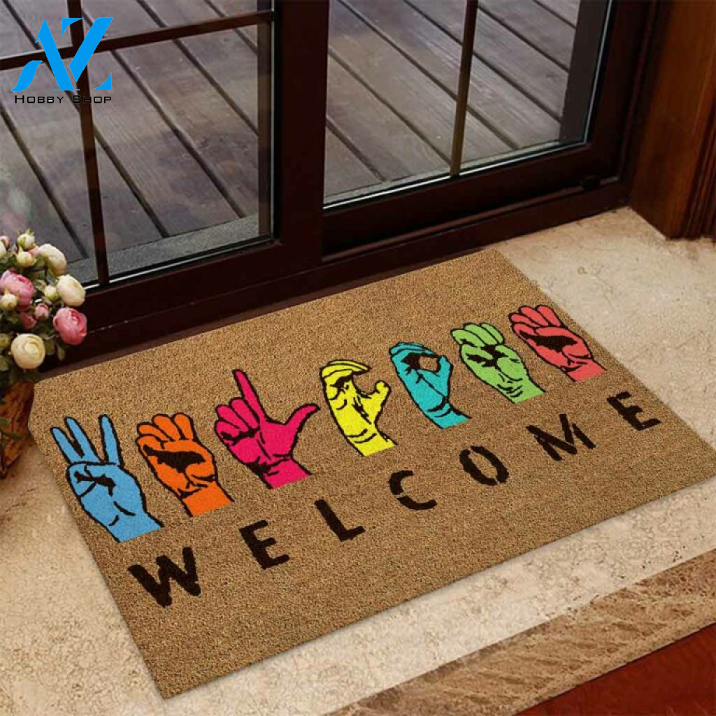 Welcome American Sign Language Coir Pattern Print Doormat | Welcome Mat | House Warming Gift