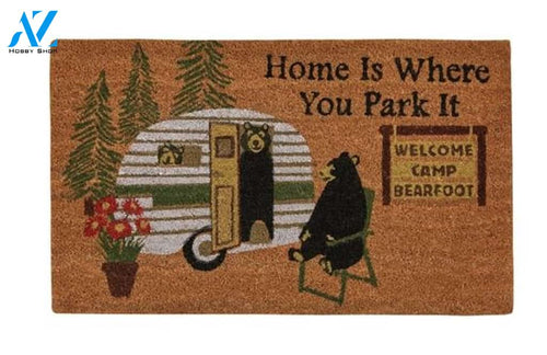 Welcome Camp BearFoot - Home Is Where You Park It Doormat Welcome Mat House Warming Gift Home Decor Funny Doormat Gift Idea