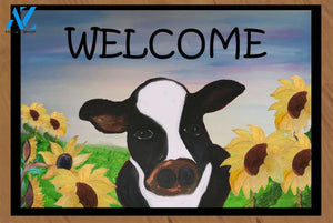 Welcome Cow and Sunflower Animal Doormat Welcome Mat Farm Rug Farmer House Decor Housewarming Gift Gift for Famer Friend for Farm Animal Lovers