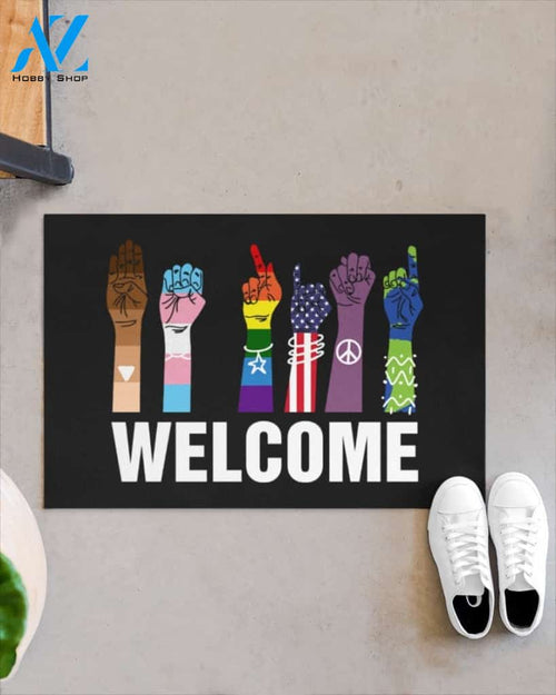 Welcome Equality LGBT Kindness Indoor And Outdoor Doormat Warm House Gift Welcome Mat Birthday Gift For Yoga Lover