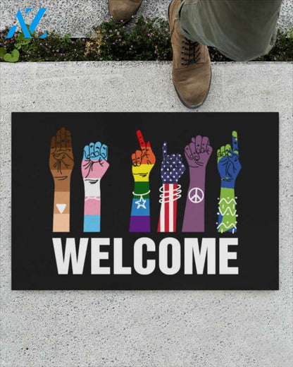 Welcome Equality LGBT Kindness Indoor And Outdoor Doormat Warm House Gift Welcome Mat Birthday Gift For Yoga Lover