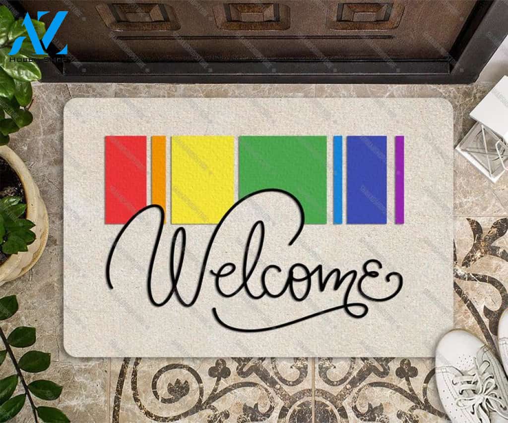 Welcome Happy Pride Month Doormat, LGBT Rainbow Flag Door Mat Entry Rug, Lesbian Gay LGBTQ Love Month Gift, Housewarming Birthday Gifts