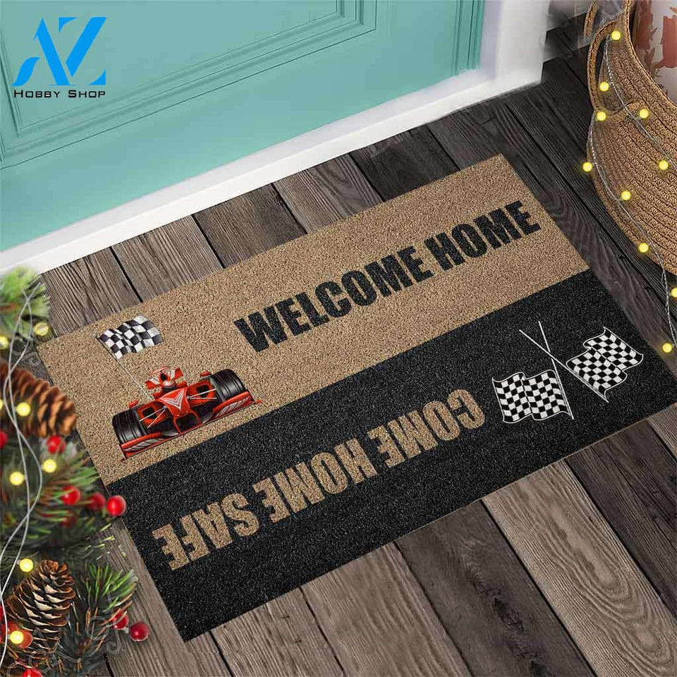 Welcome Home Come Home Safe - Racing Coir Pattern Print Doormat