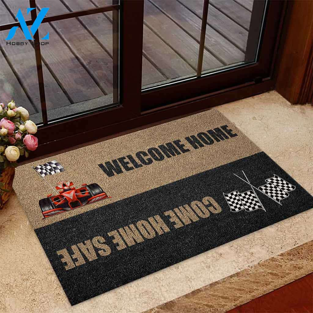 Welcome Home Come Home Safe - Racing Coir Pattern Print Doormat