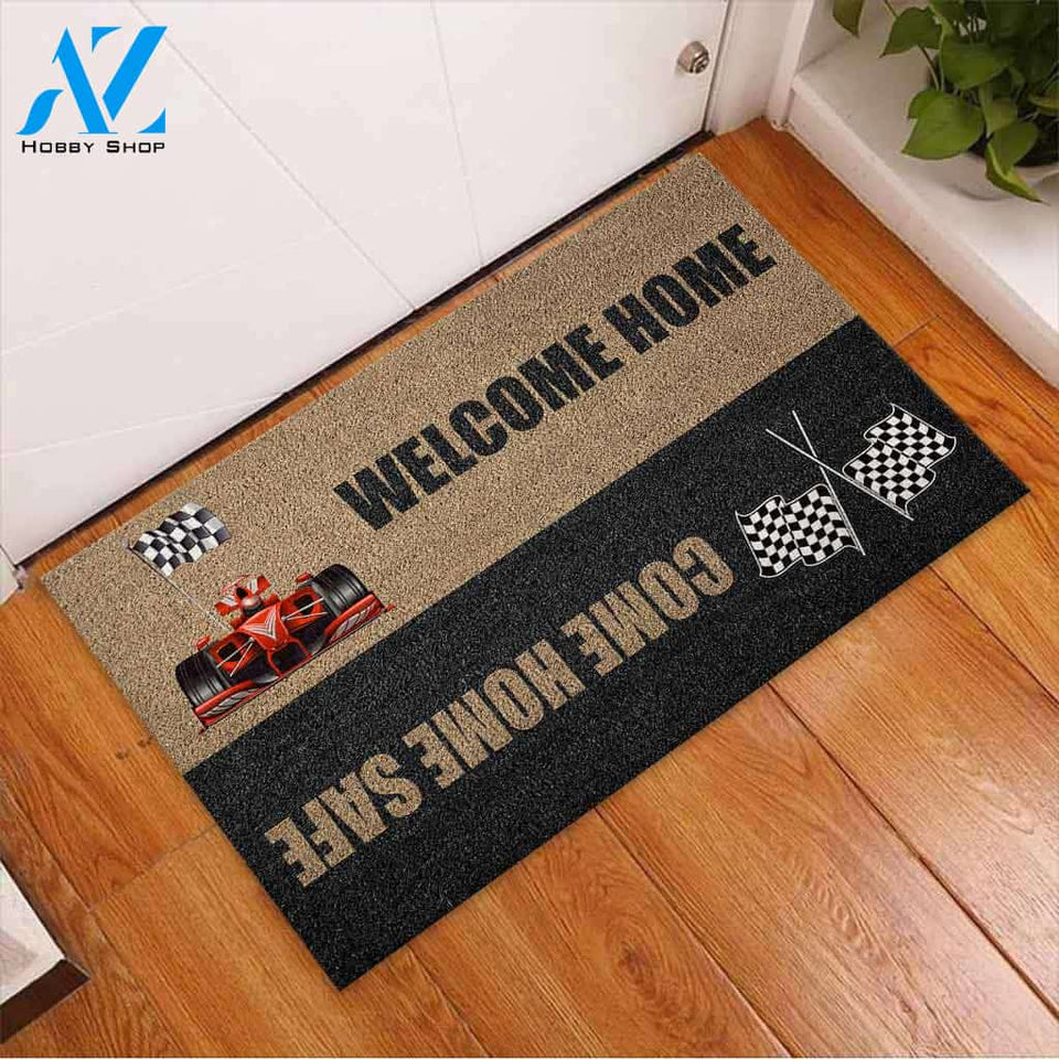 Welcome Home Come Home Safe - Racing Coir Pattern Print Doormat