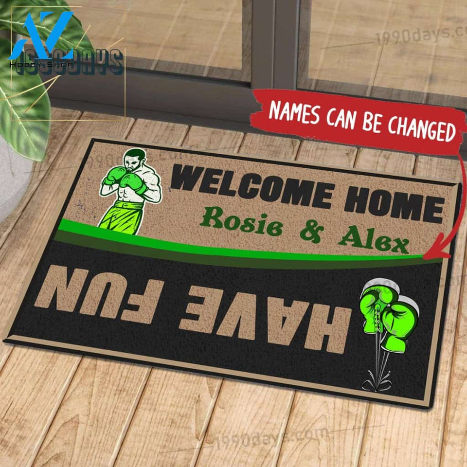 Welcome Home Have Fun Boxing Doormat Customize Your Name Black & White Green Indoor Outdoor Saint Patrick's Day Personalized Mat | Welcome Mat | House Warming Gift