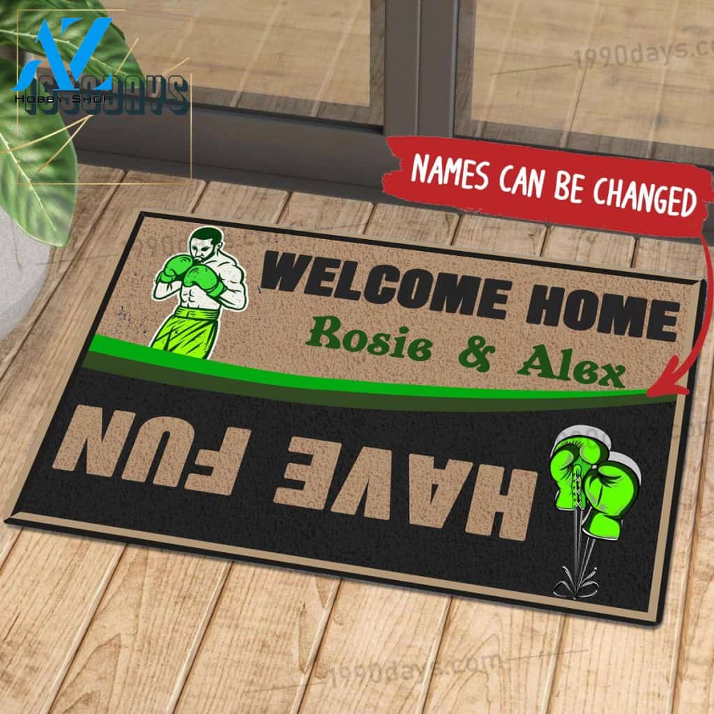 Welcome Home Have Fun Boxing Doormat Customize Your Name Black & White Green Indoor Outdoor Saint Patrick's Day Personalized Mat | Welcome Mat | House Warming Gift