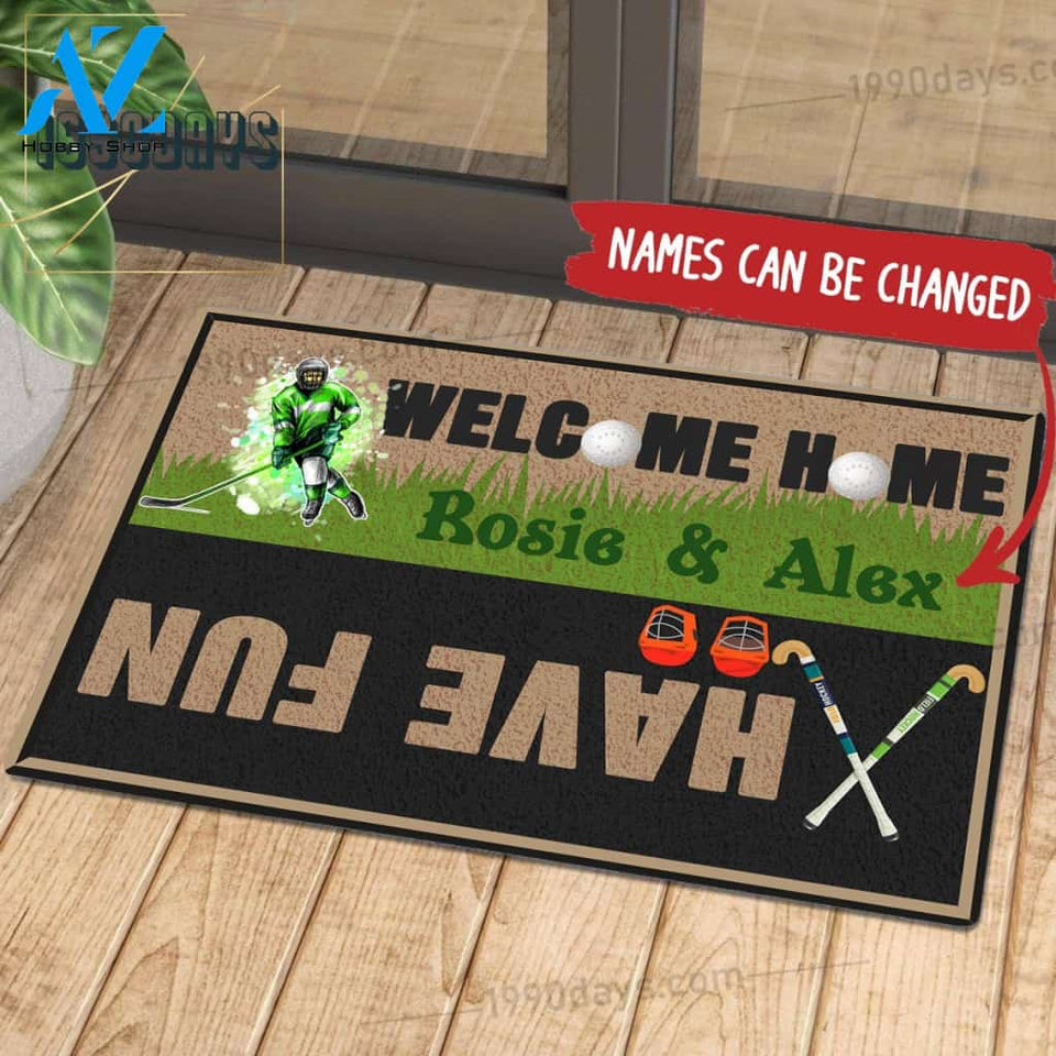 Welcome Home Have Fun Field Hockey Doormat Customize Your Name Black & White Green Indoor Outdoor Saint Patrick's Day Personalized Mat | Welcome Mat | House Warming Gift