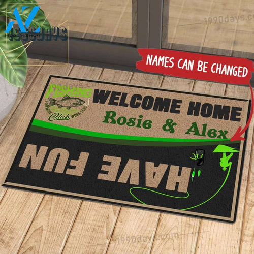 Welcome Home Have Fun Fishing Doormat Customize Your Name Black & White Green Indoor Outdoor Saint Patrick's Day Personalized Mat | Welcome Mat | House Warming Gift