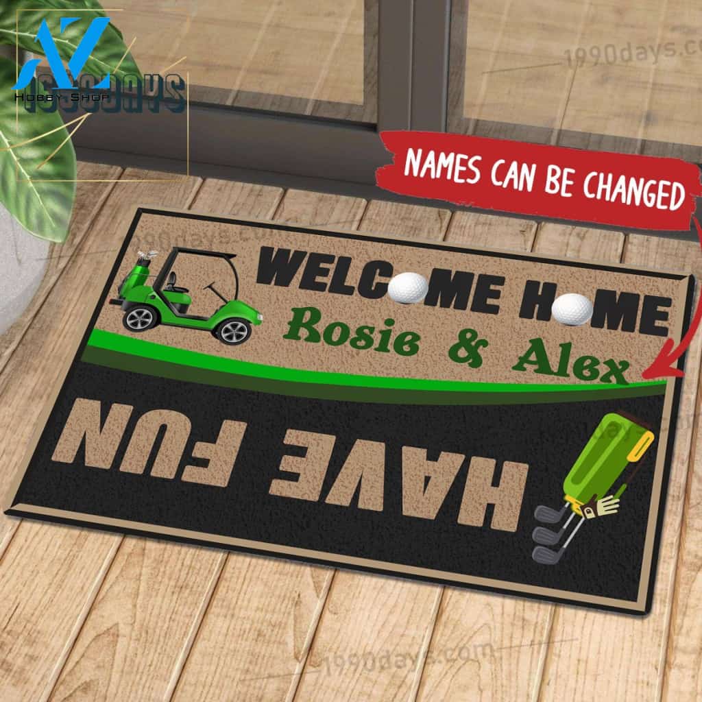 Welcome Home Have Fun Golf Doormat Customize Your Name Black & White Green Indoor Outdoor Saint Patrick's Day Personalized Mat | Welcome Mat | House Warming Gift