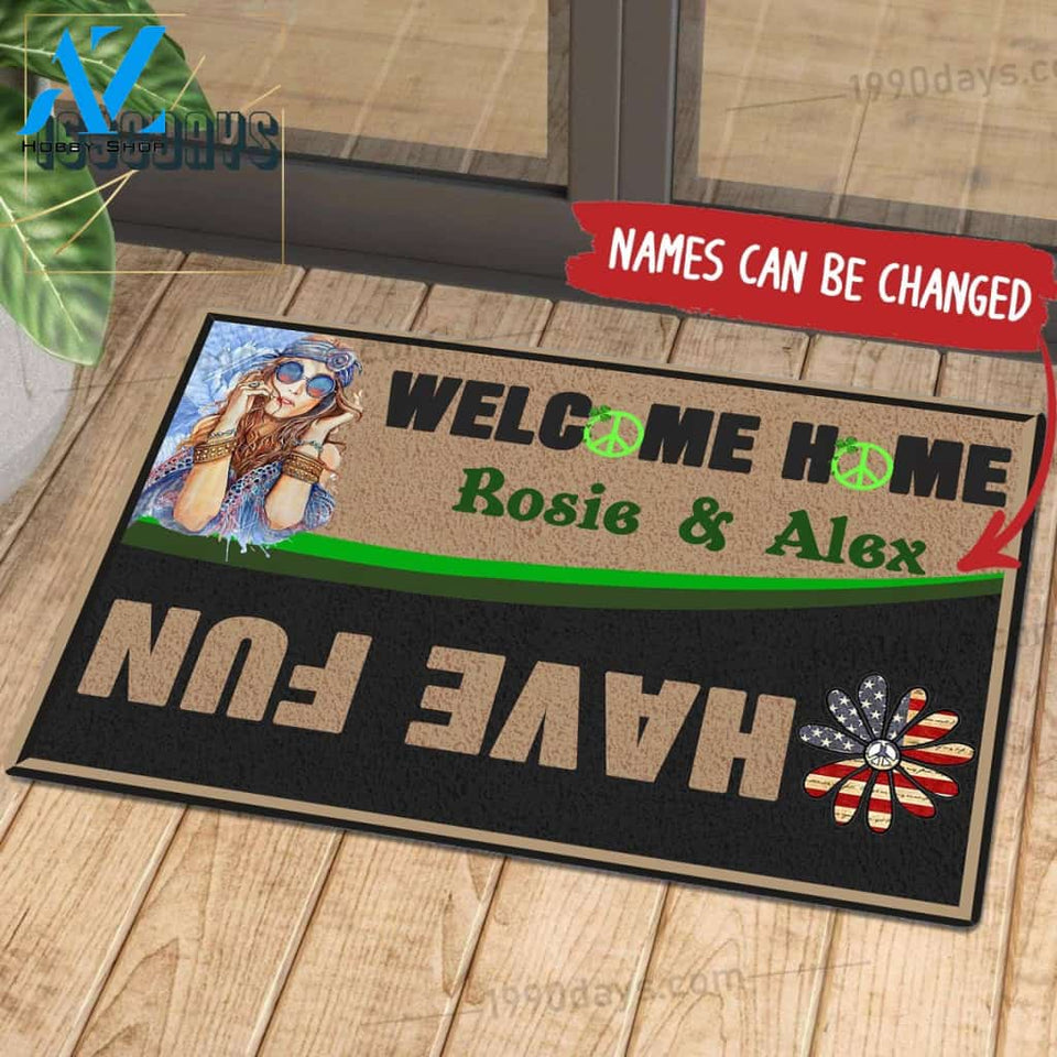 Welcome Home Have Fun Hippie Doormat Customize Your Name Black & White Green Indoor Outdoor Saint Patrick's Day Personalized Mat | Welcome Mat | House Warming Gift