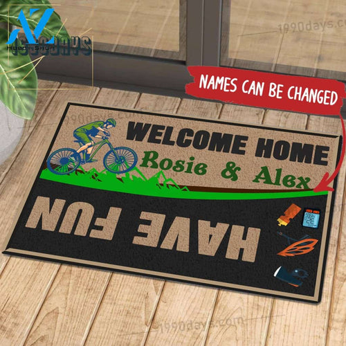 Welcome Home Have Fun Mountain Biking Doormat Customize Your Name Black & White Green Indoor Outdoor Saint Patrick's Day Personalized Mat | Welcome Mat | House Warming Gift
