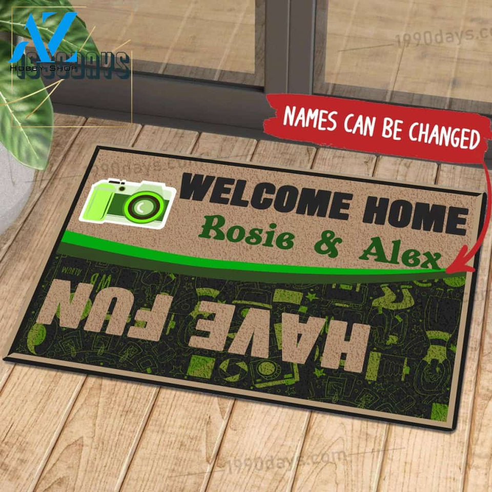 Welcome Home Have Fun Photography Doormat Customize Your Name Black & White Green Indoor Outdoor Saint Patrick's Day Personalized Mat | Welcome Mat | House Warming Gift