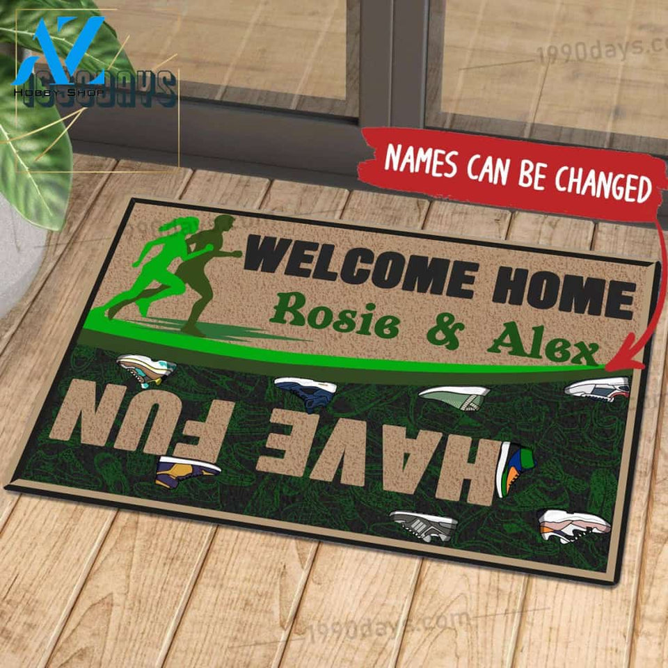 Welcome Home Have Fun Running Doormat Customize Your Name Black & White Green Indoor Outdoor Saint Patrick's Day Personalized Mat | Welcome Mat | House Warming Gift