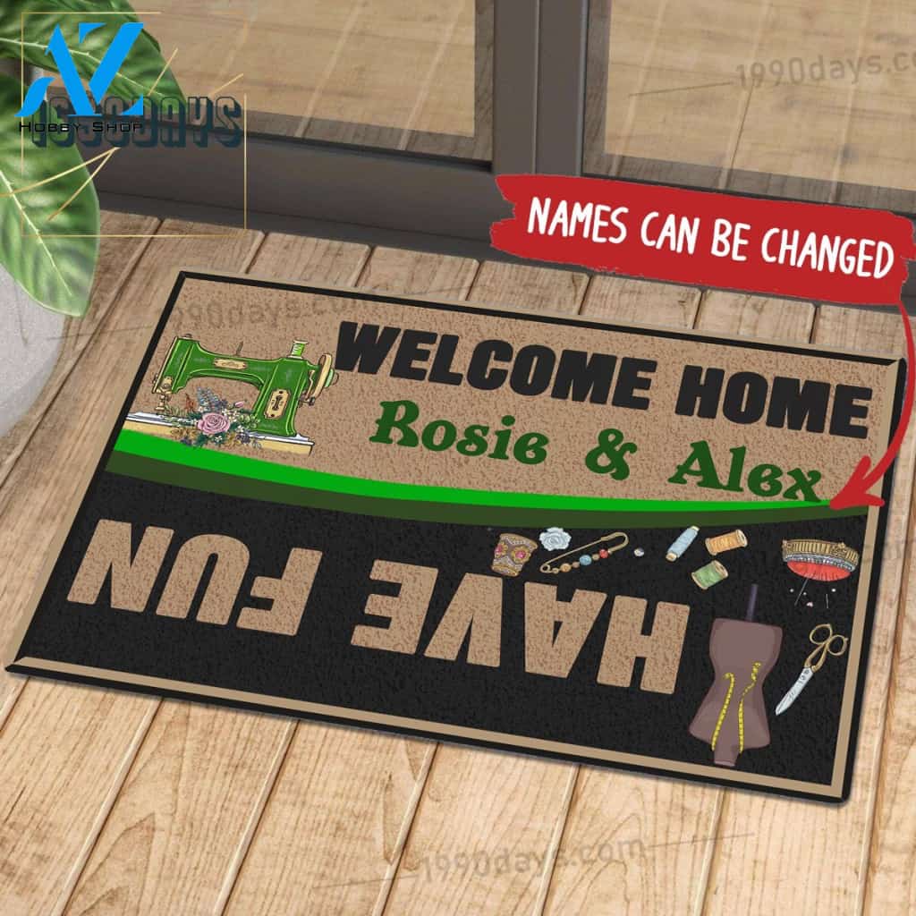 Welcome Home Have Fun Sewing Doormat Customize Your Name Black & White Green Indoor Outdoor Saint Patrick's Day Personalized Mat | Welcome Mat | House Warming Gift