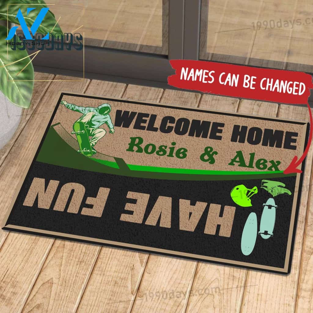 Welcome Home Have Fun Skateboarding Doormat Customize Your Name Black & White Green Indoor Outdoor Saint Patrick's Day Personalized Mat | Welcome Mat | House Warming Gift