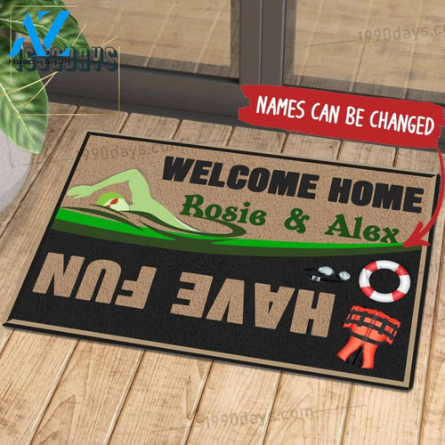 Welcome Home Have Fun Swimming Doormat Customize Your Name Black & White Green Indoor Outdoor Saint Patrick's Day Personalized Mat | Welcome Mat | House Warming Gift