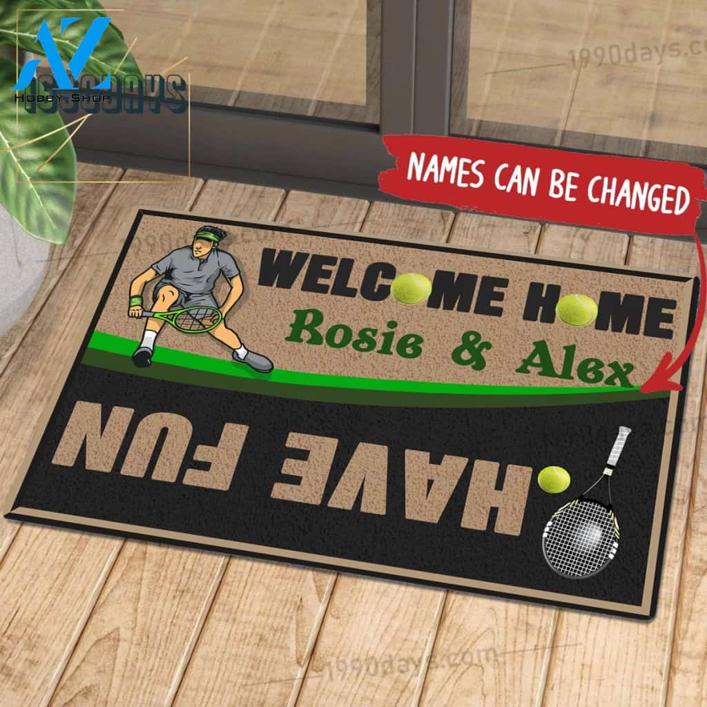 Welcome Home Have Fun Tennis Doormat Customize Your Name Black & White Green Indoor Outdoor Saint Patrick's Day Personalized Mat | Welcome Mat | House Warming Gift