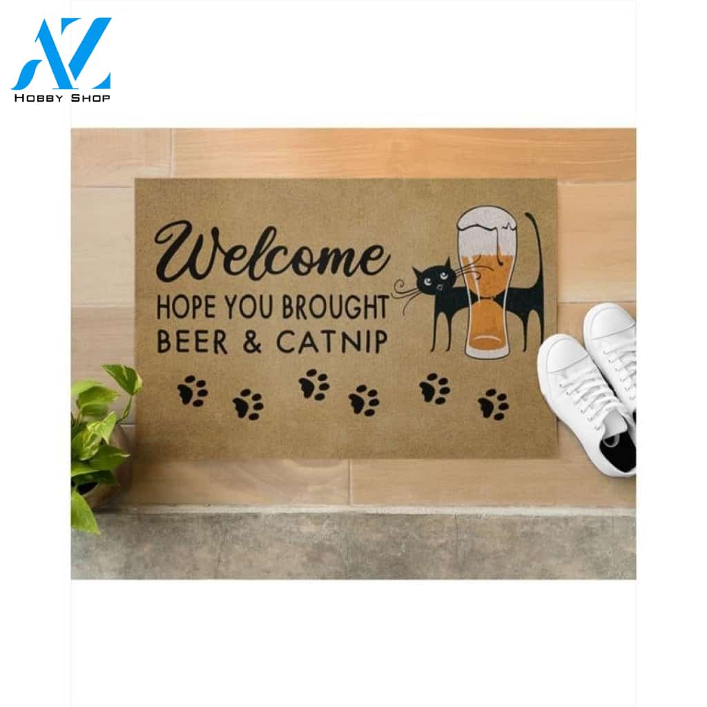 Welcome Hope You Brought Beer & Catnip Doormat Welcome Mat Housewarming Gift Home Decor Funny Doormat Gift Idea For Beer Lovers Gift For Cat Lovers