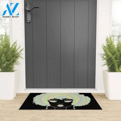 Welcome Mat | Cute Black Girl With Afro Mandala by Windydesert